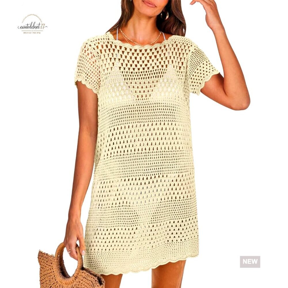 Crochet Mesh Knit Swimsuit Cover Up Dress Loose Fit Acrylic